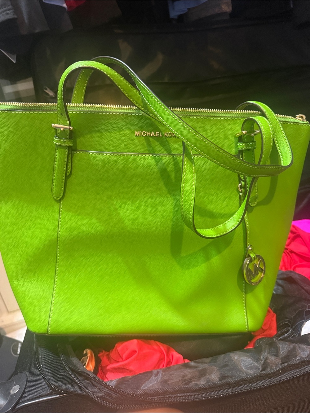 Michael Kors Neon Green Saffiano Tote with MK Charm